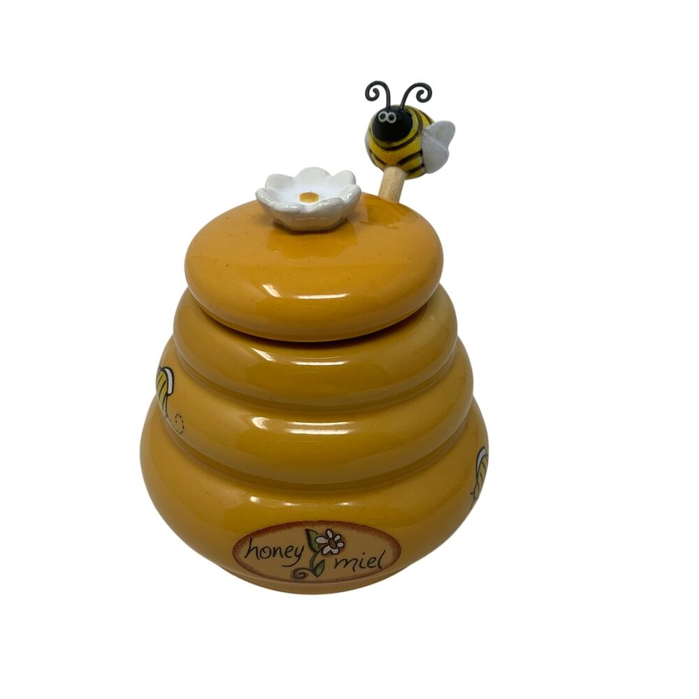 Ceramic Beehive Shaped Honey Pot With Wooden Dipper 5 Oz